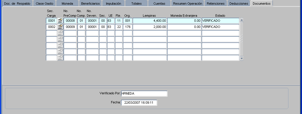 Así es como se aparecerá el documento de carga verificado El sistema registra la firma y fecha del usuario de carga y asigna un numero de carga en este caso es el número 1 