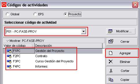 Entonces seleccione P01 PC-FASE-PROY y haga clic en para añadir F1PC como valor de código y Gestión del Proyecto como descripción de dicho valor (Para añadir el código y su descripción sólo