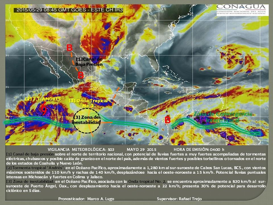 Imagen interpretada de las 7 horas de hoy. La tormenta tropical Andres se localizó a las 04:00 h aproximadamente a 1,285 km al suroeste de Manzanillo, Col.