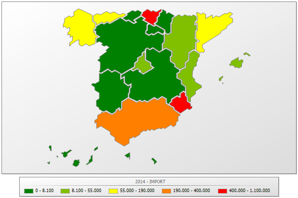 Relación de las Comunidades Autónomas de España por volumen de exportación con destino Colombia para 2014 Mapa 1.