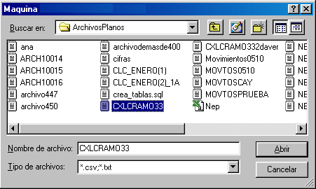Automáticamente se despliega una ventana que permite navegar en la maquina local, con la finalidad de identificar el archivo con formato de texto (.txt) o con delimitador de comas (.