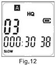 2) Reproducción lenta 1. Mantenga presionado el botón de modo (MODE) durante unos instantes para cambiar de reproducción normal a reproducción lenta. En la pantalla se visualizará SLOW (Fig. 12). 2.