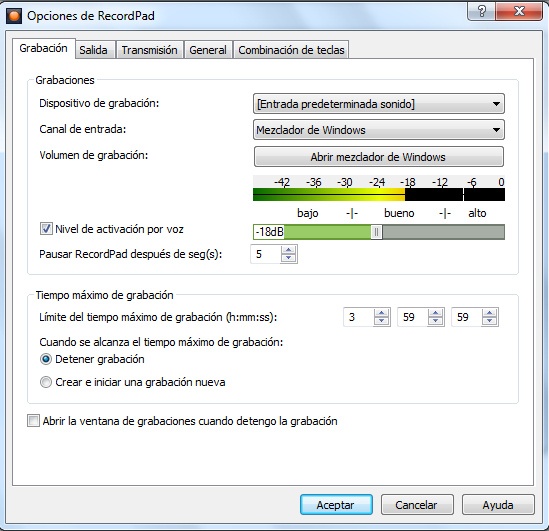 , RecordPad contiene una interface gráfica muy eficiente que permite visualizar el transcurso de la grabación así como las características de la grabación. Figura.. Interface gráfica RecordPad.