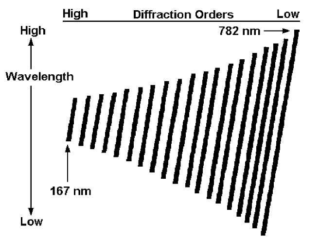 54 dispersante, un prisma o un grating con una densidad de líneas mayor a 350 lineas/mm, separa las órdenes superpuestas en un patrón de dos dimensiones llamada echelograma (figura 33).