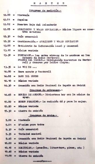 Imagen 62. Programación del martes de Radio Martorell en 1952 Fuente: Arxiu Comarcal del Baix Llobregat.
