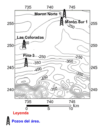 Figura 4. Mapa del campo magnético T anómalo del sector Jatibonico. La existencia de los sedimentos de ambiente somero fue reportada en el pozo Morón Norte, hasta el fondo a los 5017 m ( Figura.5 ).