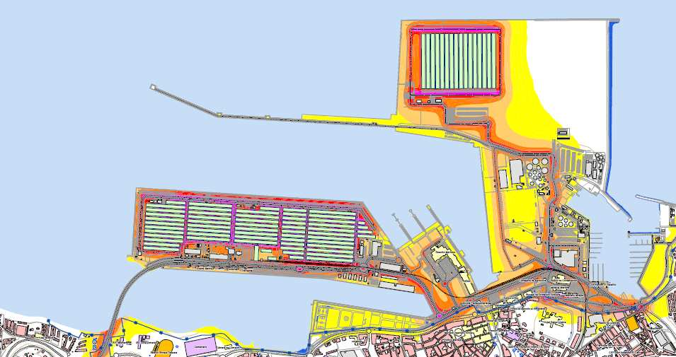 Figura 6 - Niveles Sonoros del puerto de Algeciras Afección: en estos mapas se recogen datos de superficies totales expuestas a valores del indicador Lden superiores a 55, 65 y 75 dba.