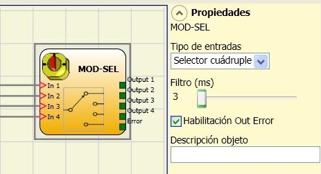 MOD-SEL (selector de seguridad) El bloque funcional MOD-SEL comprueba el estado de las entradas In x procedentes de un selector de modo (hasta 4 entradas).