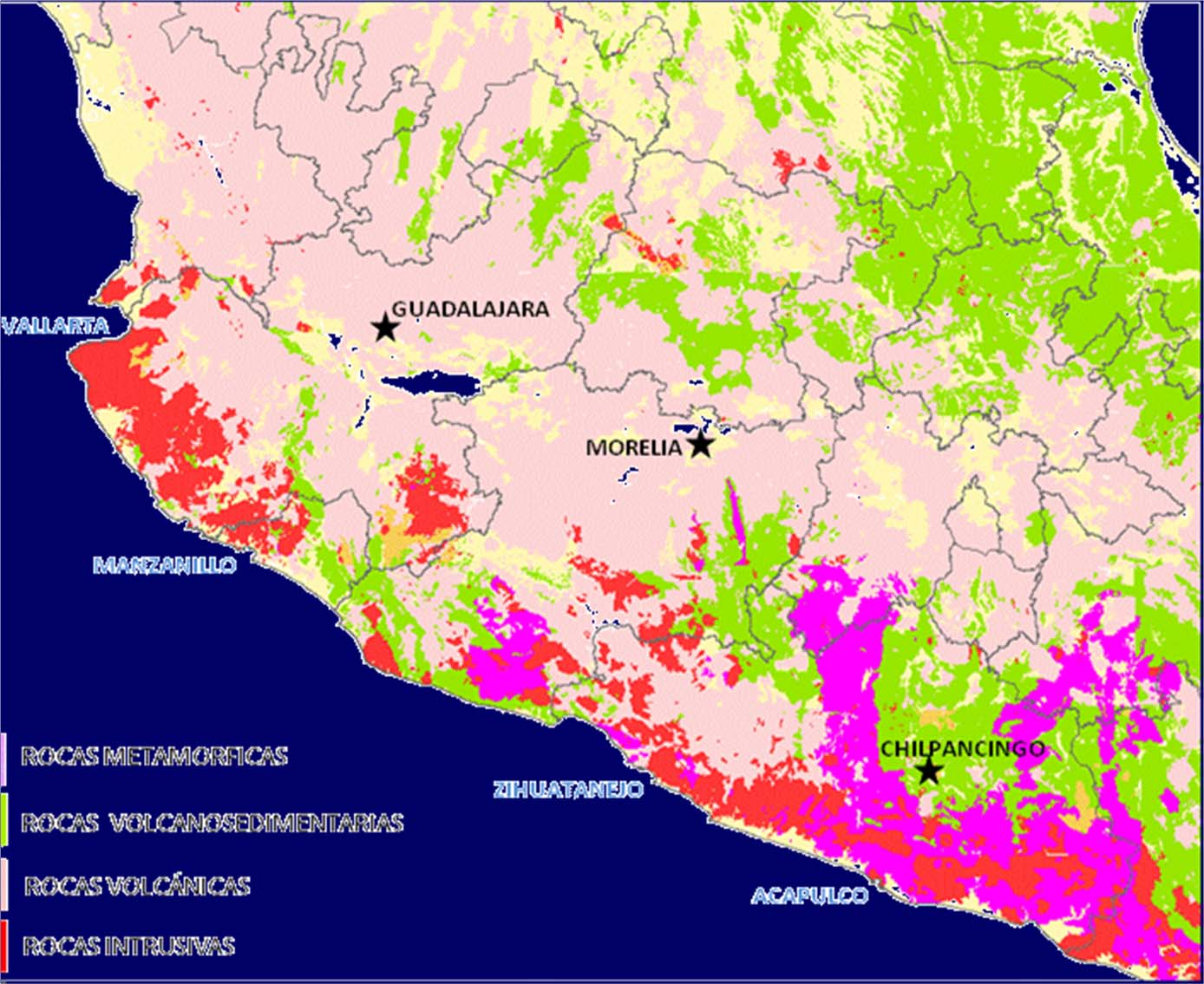 Geología de la Provincia Ferrífera del Suroccidente de México ROCAS METAMORFICAS ROCAS VOLCANOSEDIMENTARIAS Puerto Vallarta ROCAS VOLCÁNICAS ROCAS INTRUSIVAS ALUVIÓN