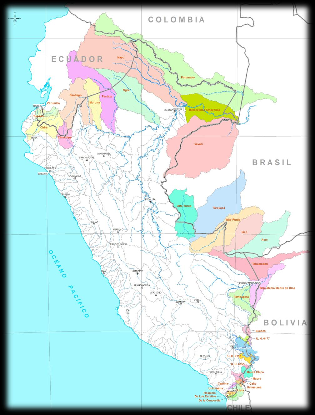 Cuencas Transfronterizas del Perú El Perú posee 34 cuencas transfronterizas con 5 países limítrofes: Ecuador; Colombia; Brasil; Bolivia; y, Chile, están
