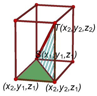 La distancia que separa a dos en se obtiene aplicando el Teorema de Pitágoras dos veces, si S(x 1, y 1, z 1 ) y T (x 2, y 2, z 2 )