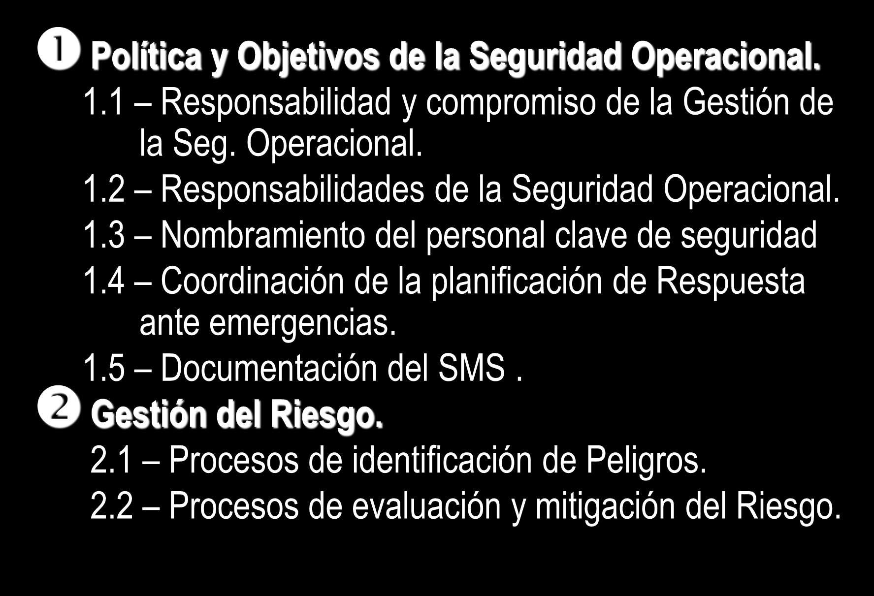 Estructura del SMS. Componentes y sus Elementos. Política y Objetivos de la Seguridad Operacional. 1.1 Responsabilidad y compromiso de la Gestión de la Seg. Operacional. 1.2 Responsabilidades de la Seguridad Operacional.