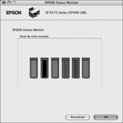Seleccione SP R270 Series en la lista de impresoras, haga clic en OK y seleccione EPSON StatusMonitor.