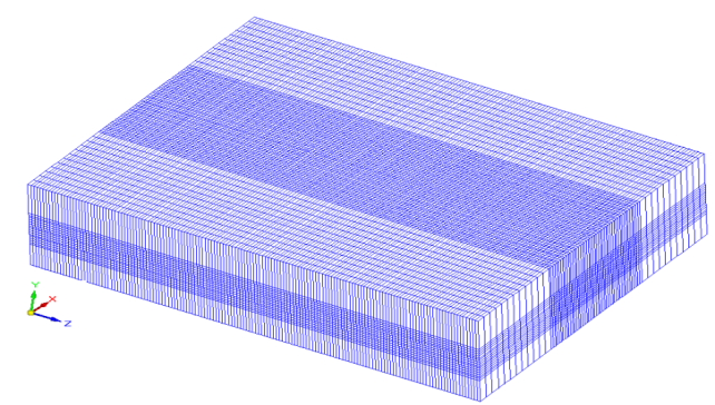 La discretización utilizada se compone de un total de 300 celdas para el ee X, 300 celdas para el ee Y y 10 celdas para el ee Z, figura 4.
