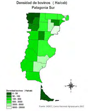 DENSIDAD DE BOVINOS Cuadro Nº 4.- Densidad (ha/cab) de Bovinos en P.S. Chubut tiene un 60 % de las existencias, Santa Cruz un 26% y Tierra del Fuego el 14% restante.
