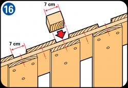 Puede serle útil hacer unas cuantas piezas de madera de unos 7 cm de largo y utilizarlas como espaciadores entre cada tablón y el siguiente.