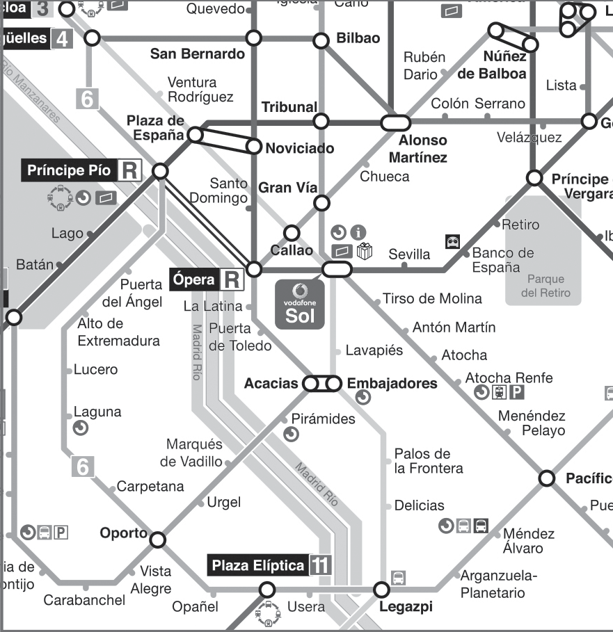 B la línea 2 en dirección Cuatro Caminos, allí a la línea 6, es la primera estación 3 A Perdona, cómo se de Goya a Argüelles? B Es muy fácil, la línea 4 y en la última estación.