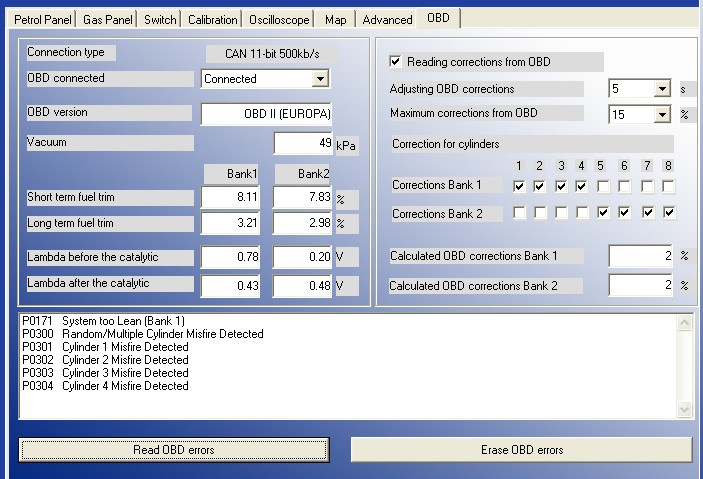 6. Leyendo las correciones usadas por el CAN bus El controlador OSCAR-N OBD CAN es posible conectarlo a la CAN bus para leer los parámetros actuales de trabajo del OBD del coche y sus errores.