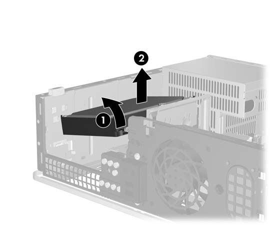 13. Pulse hacia abajo la palanca a la izquierda de la unidad de disco duro (1), deslice la unidad hacia atrás hasta que se detenga, y levántela (2).