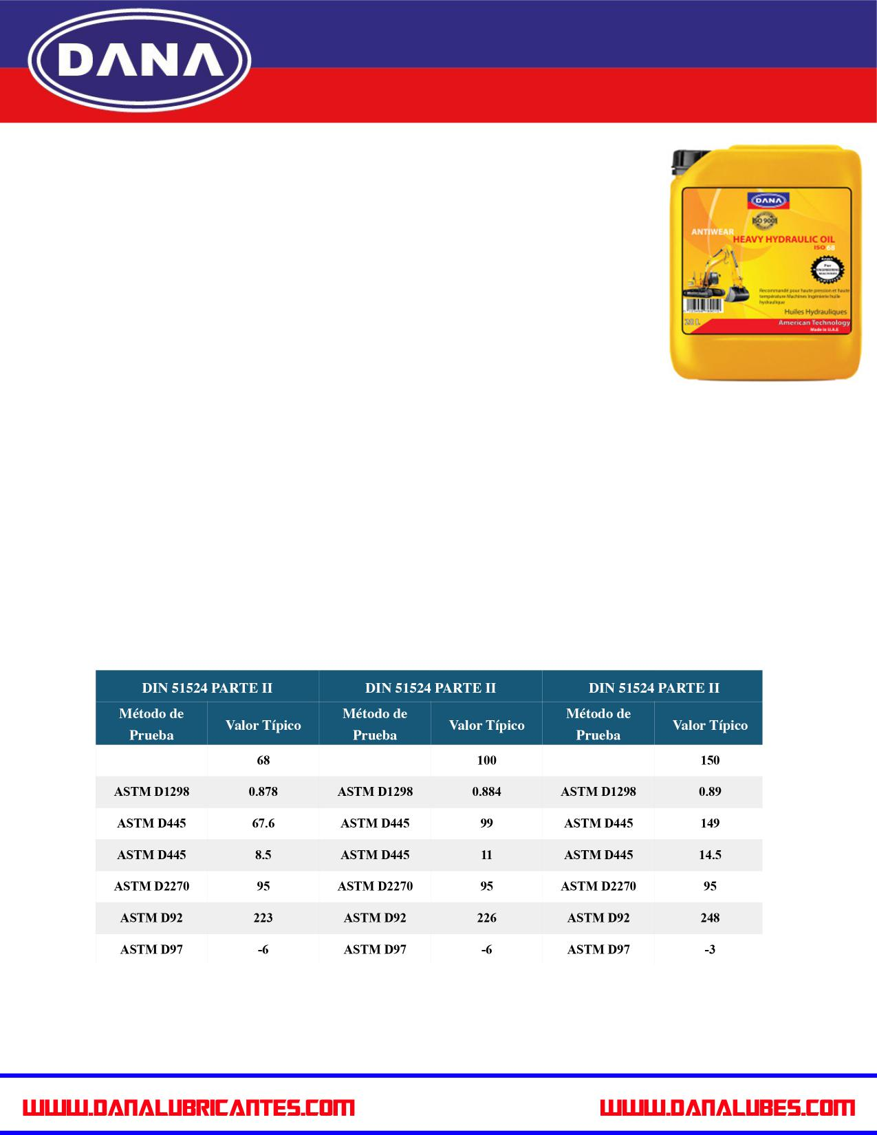 ACEITE HIDRAULICO DANA Aceite Hidráulico DANA se formula a partir de aceite mineral con una gama de grados de viscosidad para satisfacer las exigencias de los fabricantes de equipos hidráulicos en