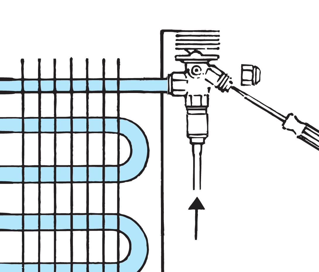 Instalación (cont.) Tal como se ha indicado anteriormente, el bulbo debe instalarse en la parte horizontal de la tubería de aspiración inmediatamente después del evaporador.