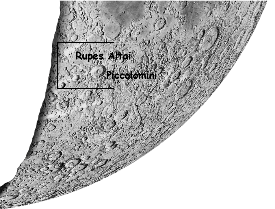 PICCOLOMINI Y PARTE DE RUPES ALTAI. Piccolomini. Cráter. 90 km de diámetro. 4500 metros de altura. Formación circular aislada.