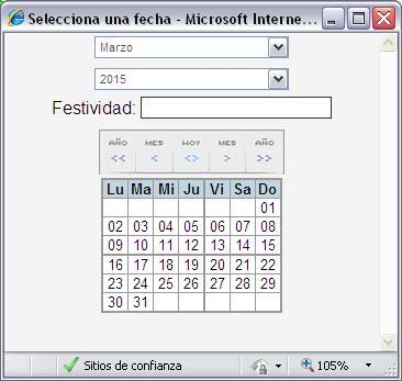 Si pulsamos en el icono de calendario ayuda para seleccionar una fecha del calendario: se mostrará una pantalla de Si pulsamos