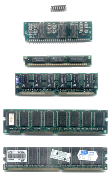 RAM Dinámica (IX) Tipos de formatos DIP (Dual in Package, 14 o 16 pines). Años 80. SIPP (Single In- line Pin Package32 pines, 8 bits). DRAMs soldadas en un PCB. 80286.
