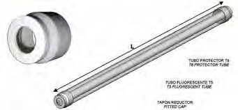 Para estos casos se dispone de tubos protectores especiales compuestos de un tubo protector T8 ajustado a la medida de 54 W y 80 W y 2 tapones reductores que sujetan el tubo fluorescente T5, tal como