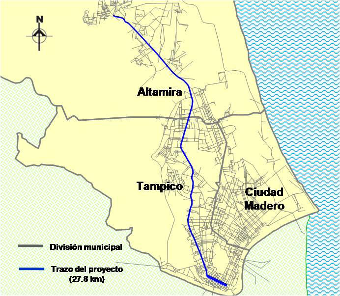 Corredor Troncal BRT Tampico, Madero y Altamira (Obra Pública PPS y Concesión Estatal de Transporte) DESCRIPCIÓN DEL PROYECTO Corredor de 27.8 km con carriles confinados, Trazo Av.