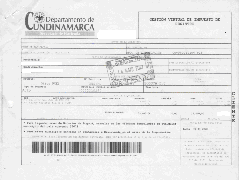 11. En la Gobernación de Cundinamarca le entregaran el siguiente recibo, el cual deberá pagaren el Banco Davivienda.