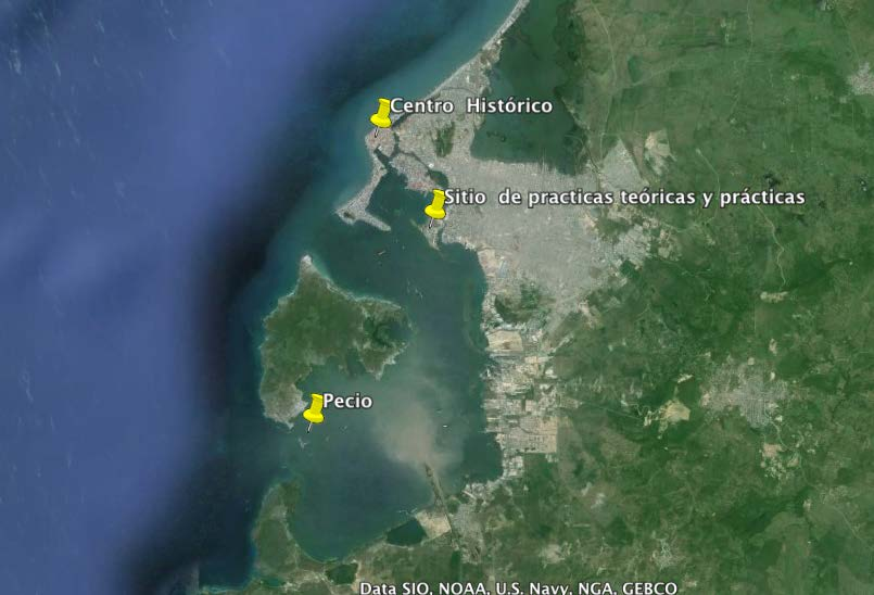 Imagen 3 Mapa de localización donde se halla el lugar de prácticas y el lugar donde tendrán lugar las clases teóricas del curso, al lado del Centro histórico de Cartagena de Indias (Colombia)