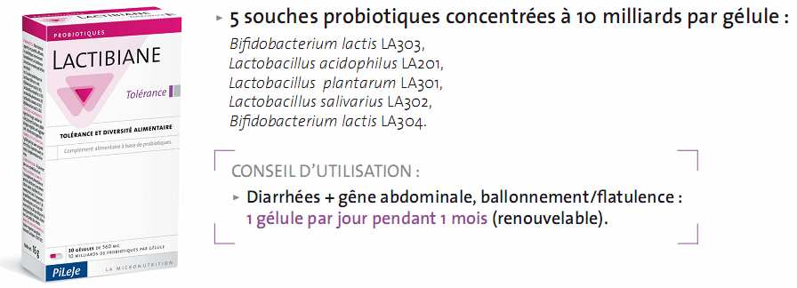 LACTIBIANE Tolérance 5 cepas probióticas por cápsula/sobre concentradas a 10 mil millones CONSEJO DE UTILIZACIÓN: Diarrea+molestia abdominal, hinchazón/flatulencia: 1 cápsula/sobre al día durante un