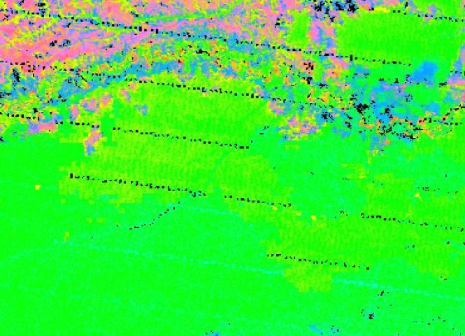 Figura 4. Bandeamiento en el sinergismo generado para el ejercicio. Limite Amazonia- Orinoquia, Imagen de cobertura fraccional de la MODIS H11V08 de diciembre de 2007 RGB=S/VF/VNF.