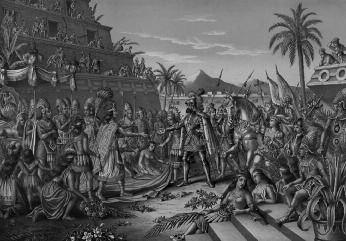 Encuentro entre Cortés y Moctezuma. las Indias y establecerse en 1504 como colono y funcionario en La Española. En 1511 se incorporó a la expedición de conquista de Cuba bajo el mando de Velázquez.