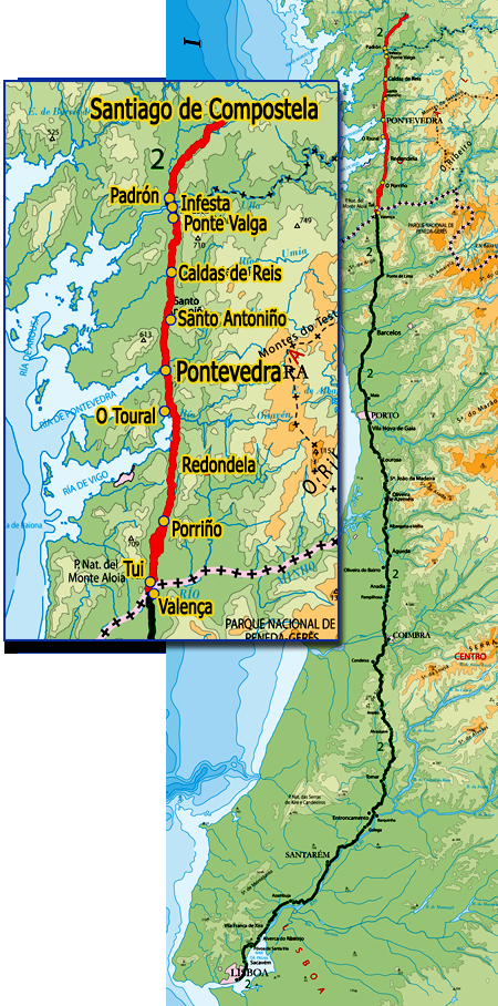 Camino de Santiago Portugués con salida desde Tui (frontera de Portugal con España) y con llegada a Santiago de Compostela.