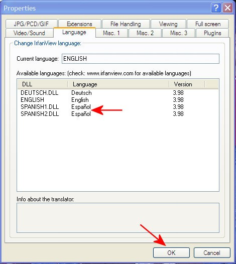 El idioma español está en su computadora, pero todavía no instalado en Irfanview.