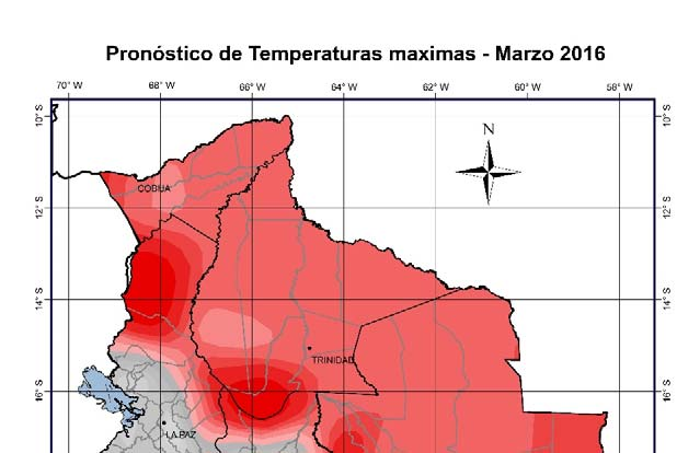 PRONOSTICO DE TEMPERATURAS MÁXIMAS PARA EL MES DE MARZO/2016 El comportamiento de las temperaturas máximas tendrán las siguientes características: Probabilidad de presentar temperaturas máximas por