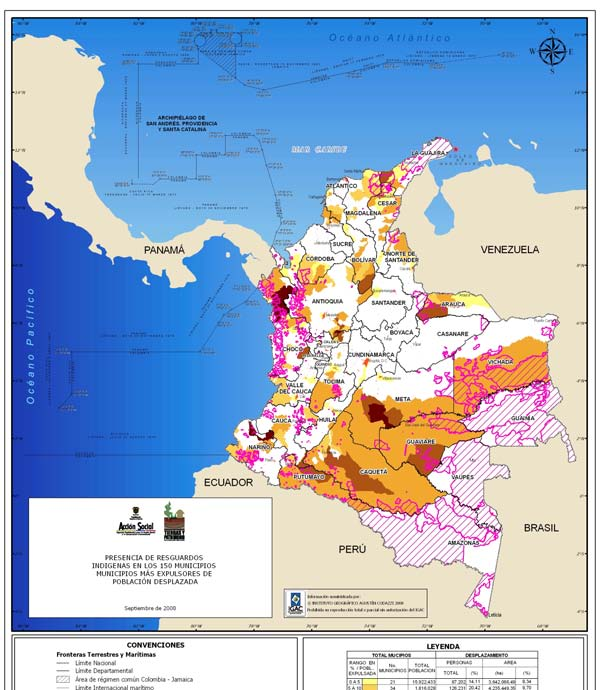 Mapa 5: Resguardos Indígenas Titulados en jurisdicción de los 150 municipios más expulsores de población desplazada Sin embargo, desde las variables político administrativas el análisis de estas