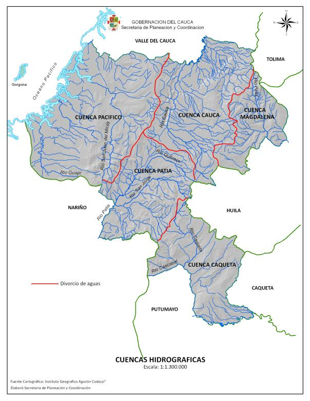 CORRIENTES HIDRICAS DEPARTAMENTO DEL CAUCA Las cinco cuencas mencionadas (Cauca, Patía, Alto Magdalena, Alto Caquetá y Pacífico) contienen 89 Subcuencas.