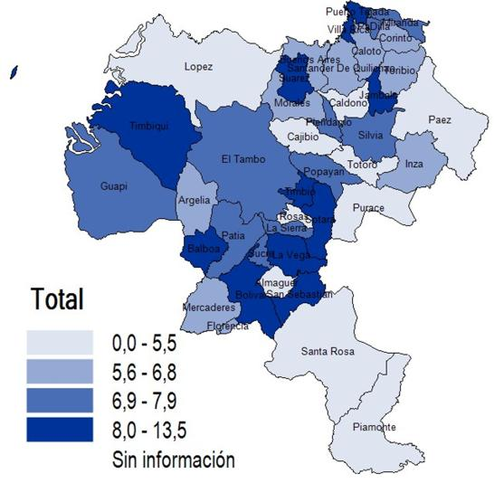 Porcentaje de niños con bajo peso al nacer por municipios en el Cauca. 21-29 Fuente. Estadísticas vitales.