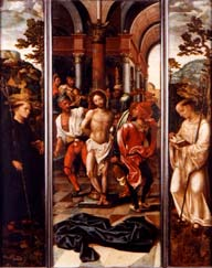 (activo en Amberes entre 1505 y 1527) Tríptico de la Flagelación con San Benito y San Bernardo c. 1530-1540 Óleo sobre tabla de roble.