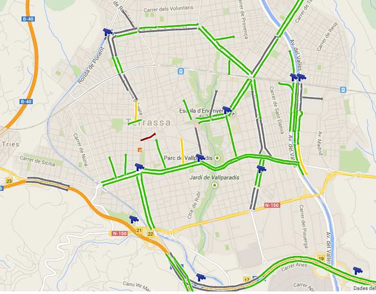 64 DOCUMENT I. MEMÒRIA (Propostes) 8.4.4. Incrementar el mapa continu de trànsit (VM4) El Servei Català de Trànsit, en col laboració amb l Ajuntament de Terrassa, ofereix el mapa continu de trànsit basat en Google Maps.