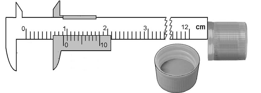Ejemplo 3: Se desea medir la profundidad de la tapa de un frasco (Fig. 5): El cero de la escala del nonio está entre 9 mm y 10 mm.