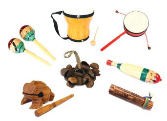 ID 1281775 INSTRUMENTOS DEL MUNDO Set de instrumentos del mundo compuesto por: bongó, maracas mexicanas, güiro, cascabel semilla, den den, palo de lluvia y ranita musical.