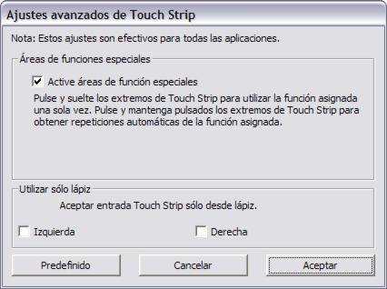 51 AJUSTES AVANZADOS DE LA TOUCH STRIP Las Touch Strips de la tableta se pueden personalizar en el cuadro de diálogo AJUSTES AVANZADOS DE TOUCH STRIP. Al hacer clic en el botón AVANZADA.