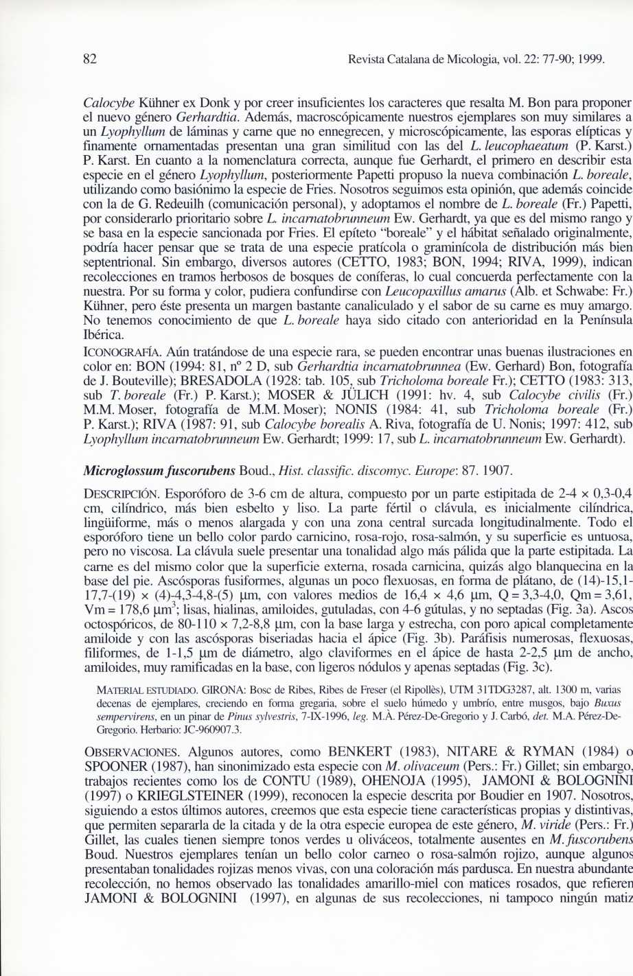 82 Revista Catalana de Micologia, vol. 22: 77-90; 1999. Calocybe Kühner ex Donk y por creer insuficientes los caracteres que resalta M. Bon para proponer el nuevo género Gerhardtia.
