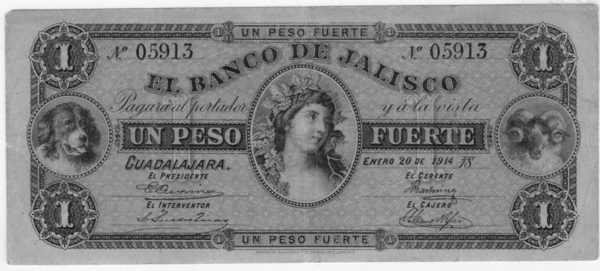 HIDALGO 27. 20 Pesos. El Banco de Hidalgo. 1 de septiembre de 1910. M371b. BK-HID-16. F/VF 900.00 JALISCO 28. 50 Centavos. El Banco de Jalisco. Mayo 1 de 1914. M376a. BK-JAL-1. VF 1,000.00 29. 1 Peso.