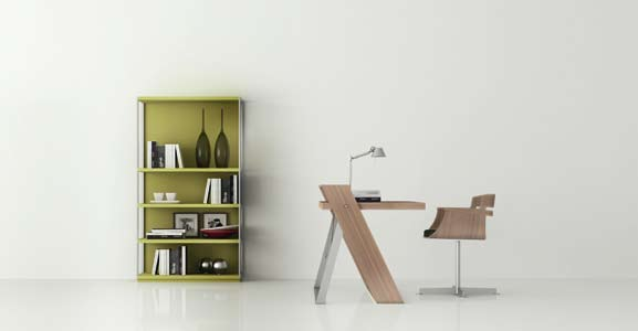 Lur singular piece of furniture in matt olive lacquer. Bulego table and Kayak chair in nux. 03.