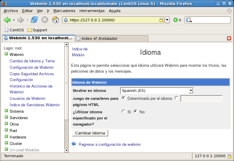 Configuración de Webmin correspondiente a la opción de configuración del Idioma.
